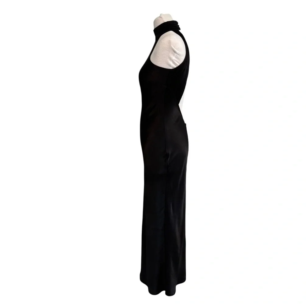 Satin Drape Back Maxi Dress with Split Black Small - Picture 9 of 15